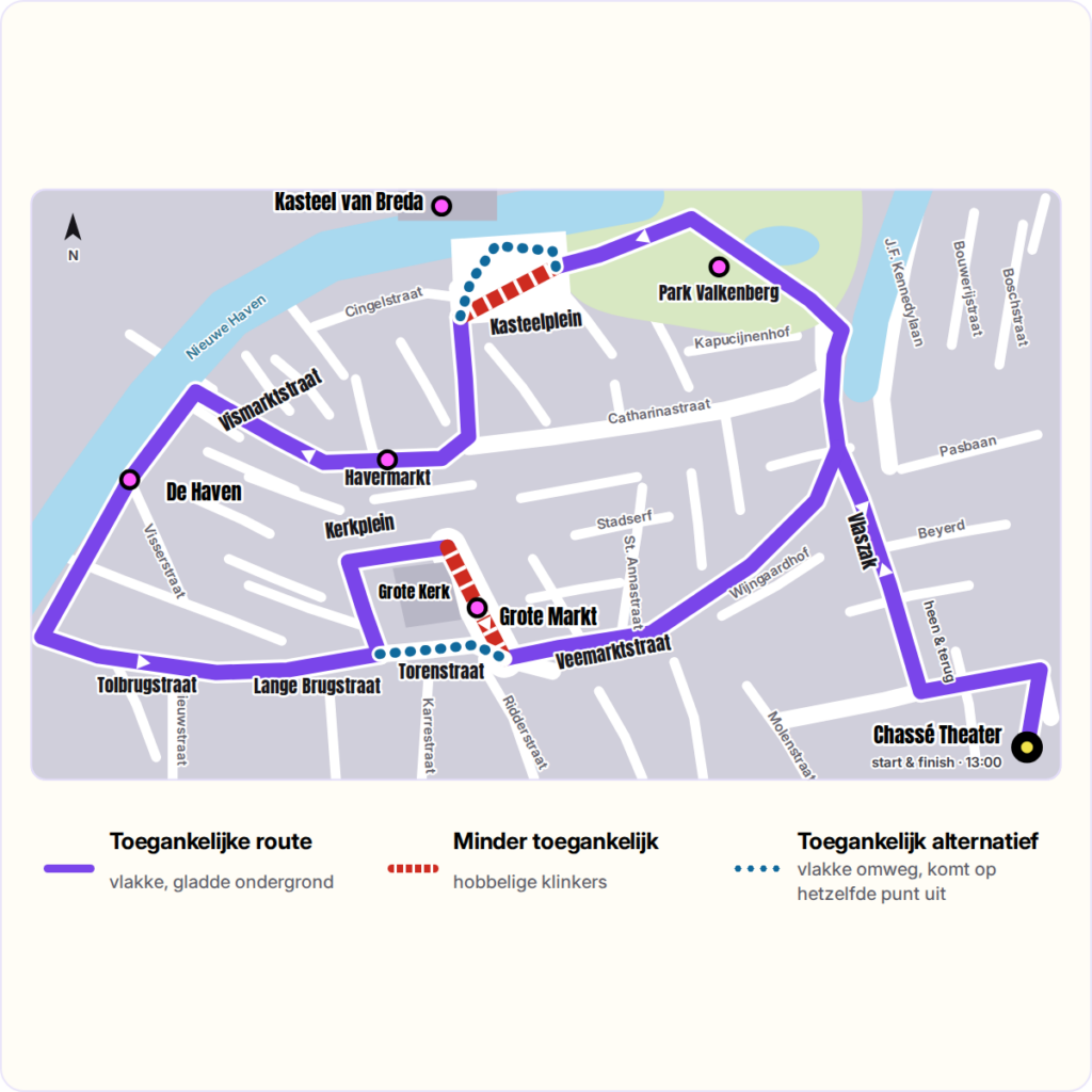 Plattegrond van de Bredase binnenstad met de route van de Pride Walk, van het Chassé Theater via het Valkenberg en de Grote Markt weer terug.